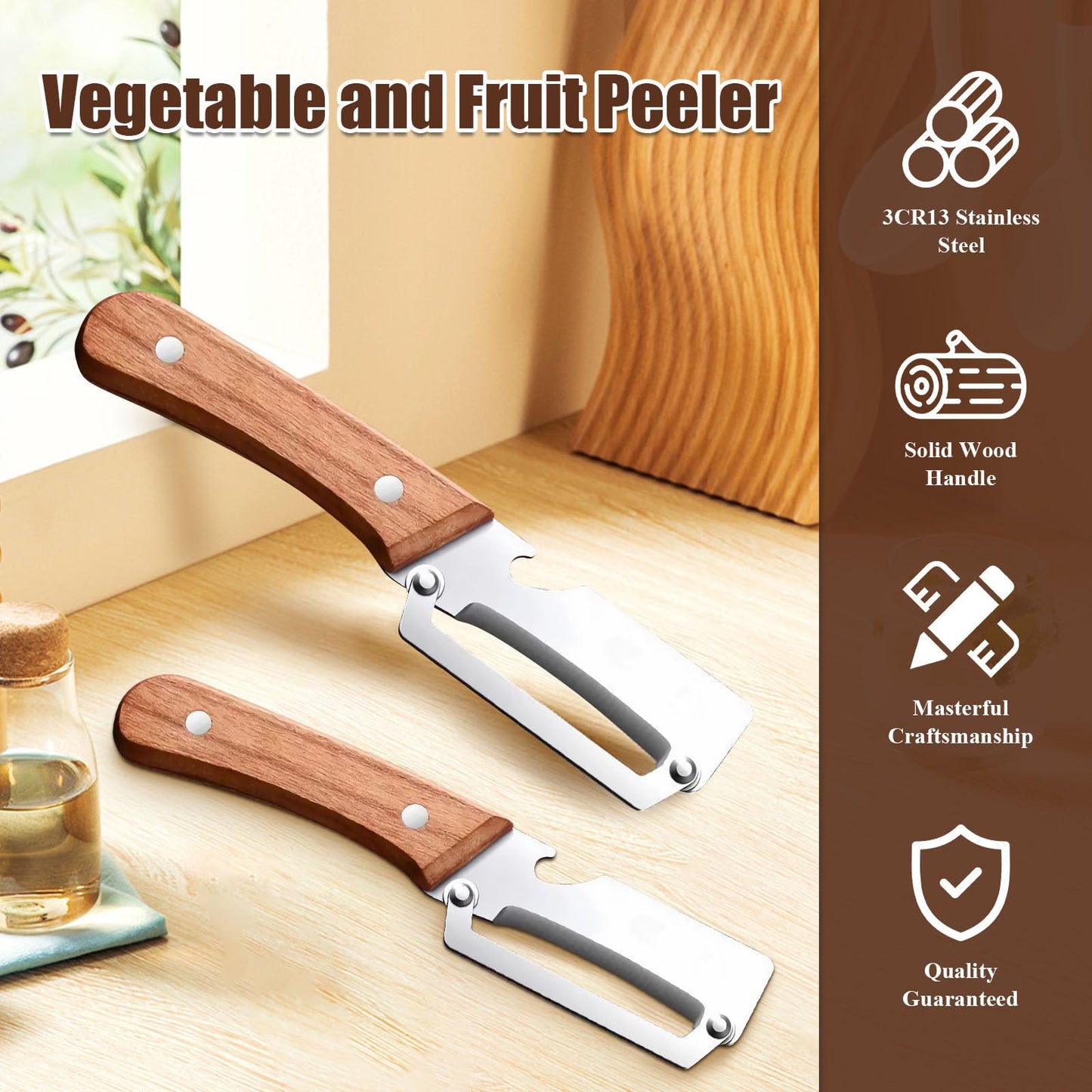 2 in 1 Multifunktions-Gemüseschäler für die Küche mit ultrascharfer Edelstahlklinge und ergonomischem Holzgriff – müheloses Schälen von Kartoffeln, Äpfeln, Karotten und Öffnen von Weinflaschen