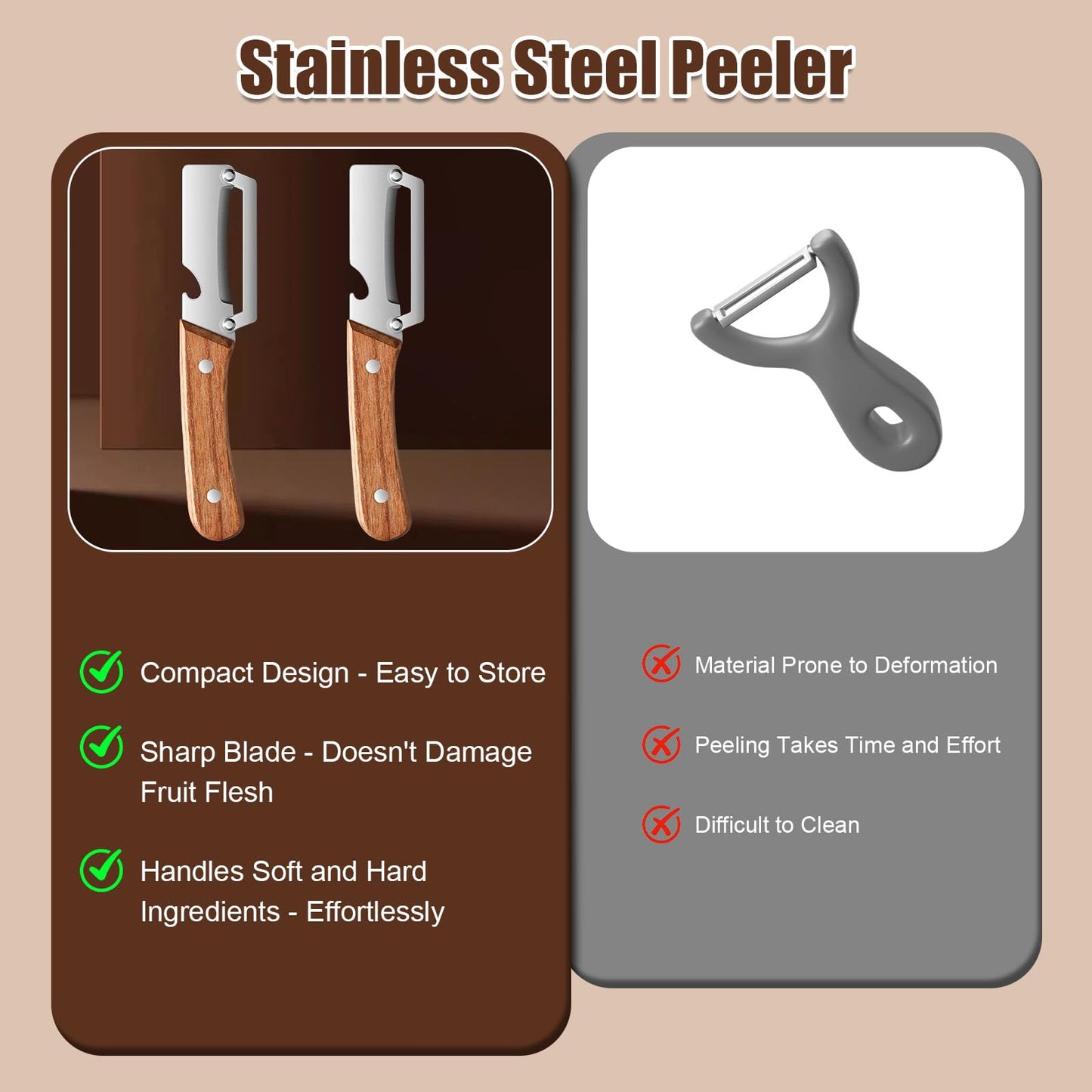 2 in 1 Multifunktions-Gemüseschäler für die Küche mit ultrascharfer Edelstahlklinge und ergonomischem Holzgriff – müheloses Schälen von Kartoffeln, Äpfeln, Karotten und Öffnen von Weinflaschen