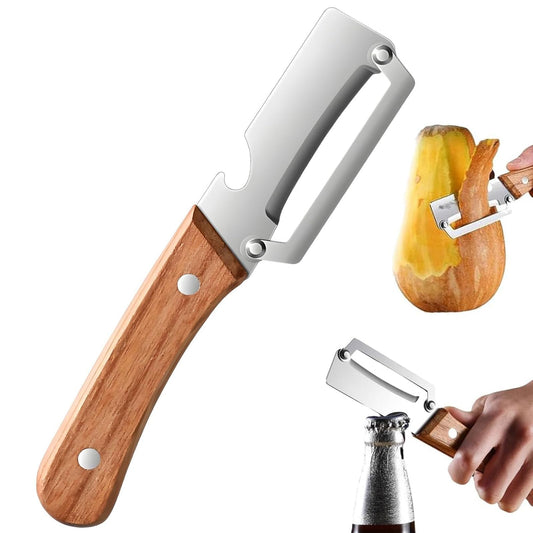 Multifunktionaler Gemüseschäler für die Küche, 2 in 1 Obst- und Gemüseschäler mit Flaschenöffner, Edelstahl Kartoffelschäler mit Holzgriff, Universal-Sparschäler für Äpfel, Kürbisse und Papayas