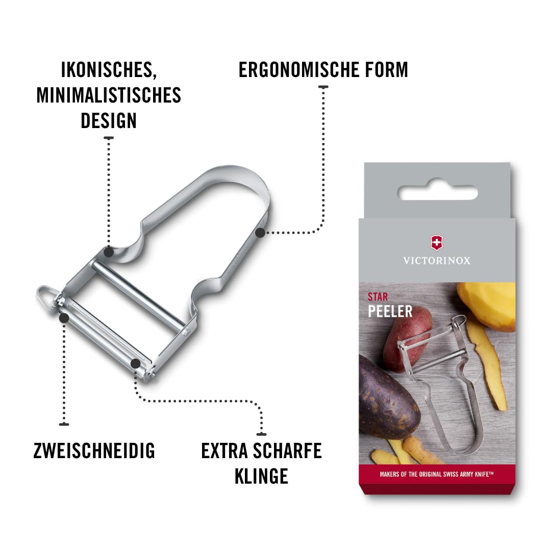 Victorinox Sparschäler STAR, Kartoffelschäler, Zweischneidig mit Pendelklinge, Extra Scharf, Metallgriff, Swiss Made