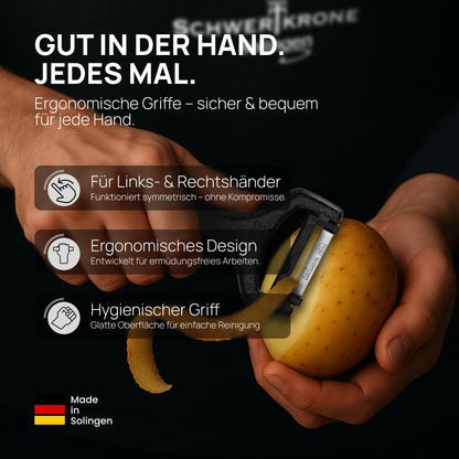 Schwertkrone® Sparschäler 2er Set [MADE IN SOLINGEN - GERMANY] - Kartoffelschäler Gemüseschäler - Spargelschäler Peeler - Schälmesser Gurkenschäler - Rechts- und Linkshand