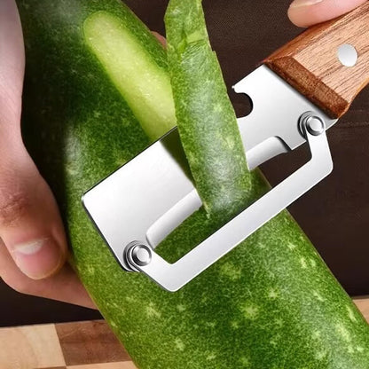 Multifunktionaler Gemüseschäler für die Küche, 2 in 1 Obst- und Gemüseschäler mit Flaschenöffner, Edelstahl Kartoffelschäler mit Holzgriff, Universal-Sparschäler für Äpfel, Kürbisse und Papayas
