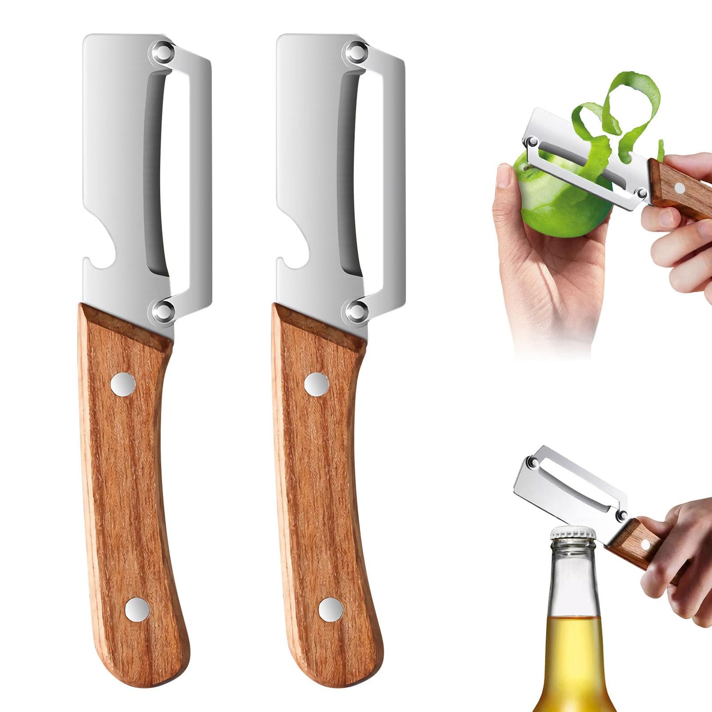 2 in 1 Multifunktions-Gemüseschäler für die Küche mit ultrascharfer Edelstahlklinge und ergonomischem Holzgriff – müheloses Schälen von Kartoffeln, Äpfeln, Karotten und Öffnen von Weinflaschen