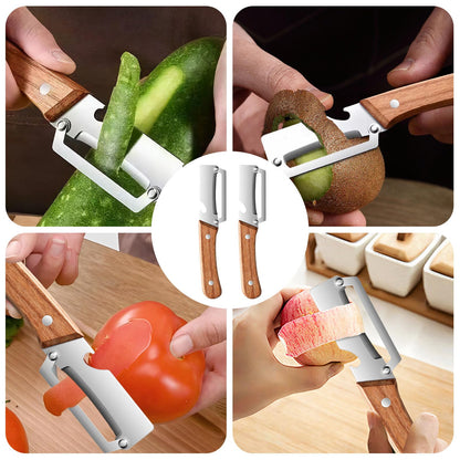 2 in 1 Multifunktions-Gemüseschäler für die Küche mit ultrascharfer Edelstahlklinge und ergonomischem Holzgriff – müheloses Schälen von Kartoffeln, Äpfeln, Karotten und Öffnen von Weinflaschen