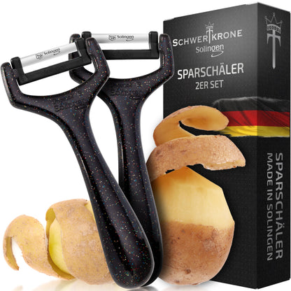 Schwertkrone® Sparschäler 2er Set [MADE IN SOLINGEN - GERMANY] - Kartoffelschäler Gemüseschäler - Spargelschäler Peeler - Schälmesser Gurkenschäler - Rechts- und Linkshand